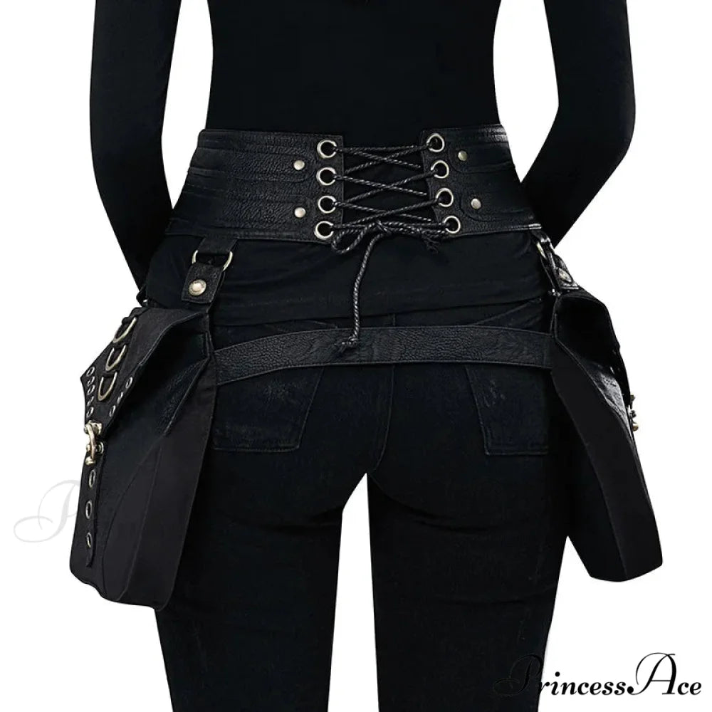 Punk Rivet Skull Retro Rock Gothic Hip Hop Rivet Leg Thigh Waist Bag Black