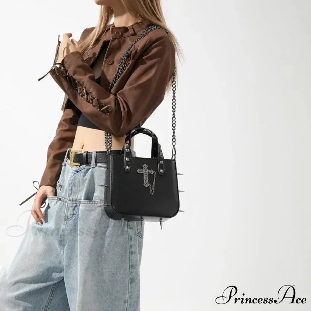 Punk Rivets Y2K Aesthetic Korean Gothic Casual Vintage Crossbody Shoulder Bag black cross