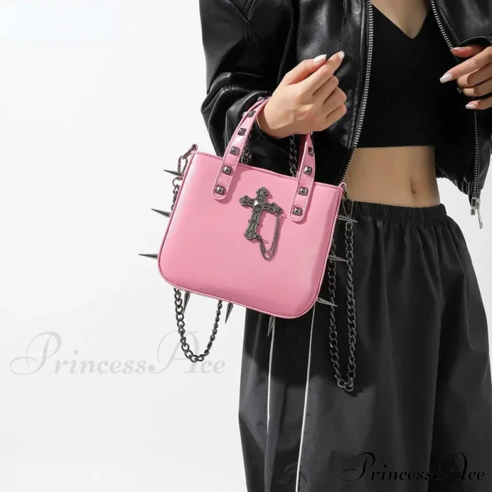 Punk Rivets Y2K Aesthetic Korean Gothic Casual Vintage Crossbody Shoulder Bag pink cross