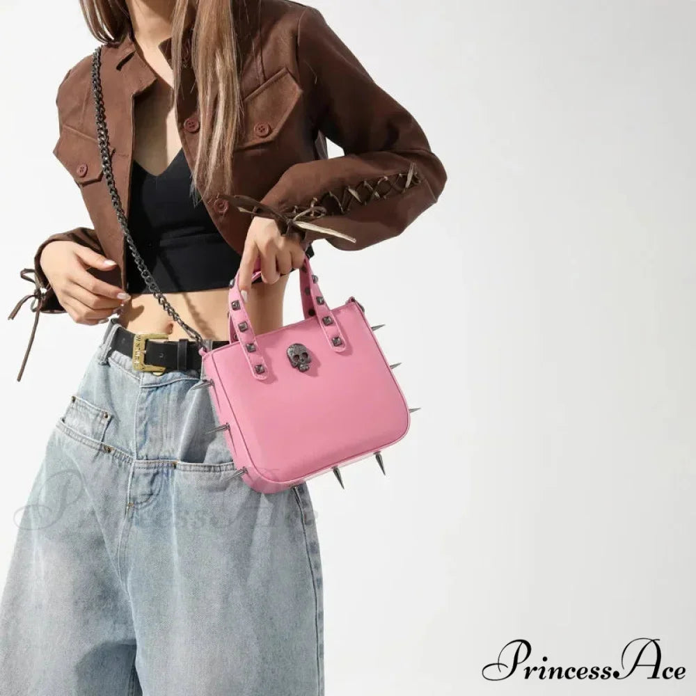 Punk Rivets Y2K Aesthetic Korean Gothic Casual Vintage Crossbody Shoulder Bag pink skull