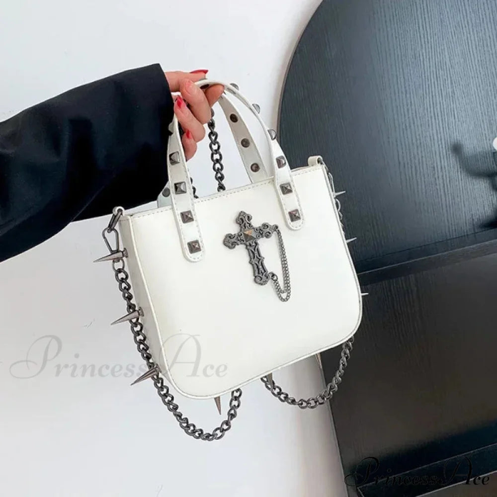 Punk Rivets Y2K Aesthetic Korean Gothic Casual Vintage Crossbody Shoulder Bag white cross