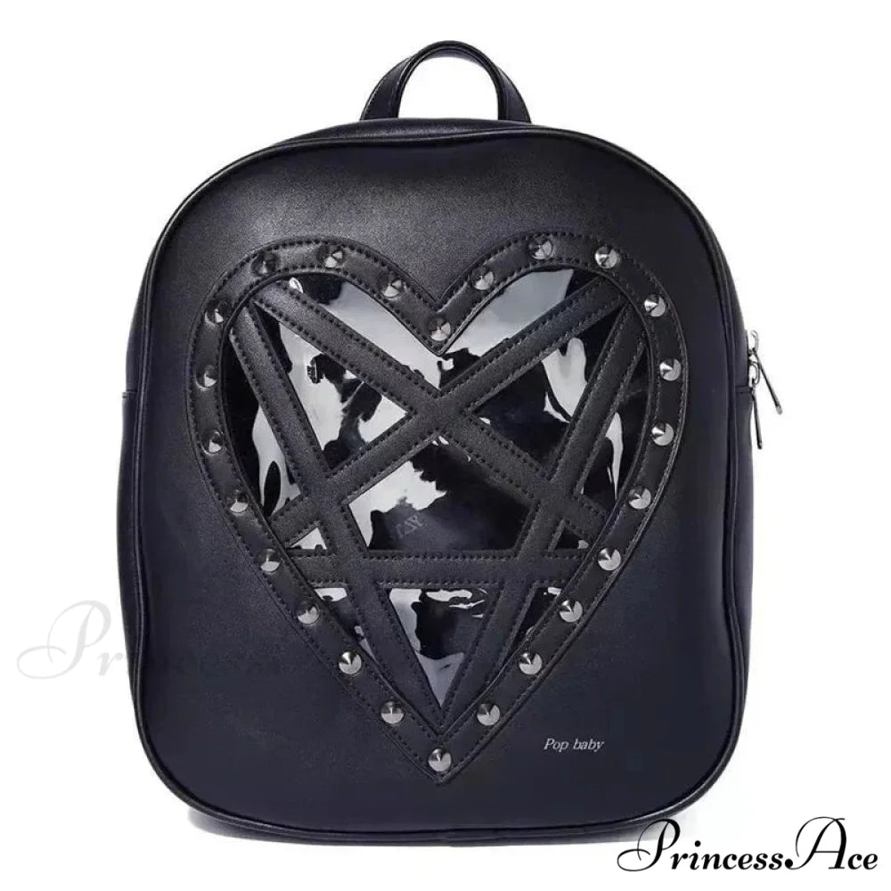 Punk Rock Black PU Leather Hollow Out Pentacle Heart Gothic Cosplay Bag Black / 33cm 28cm 7cm