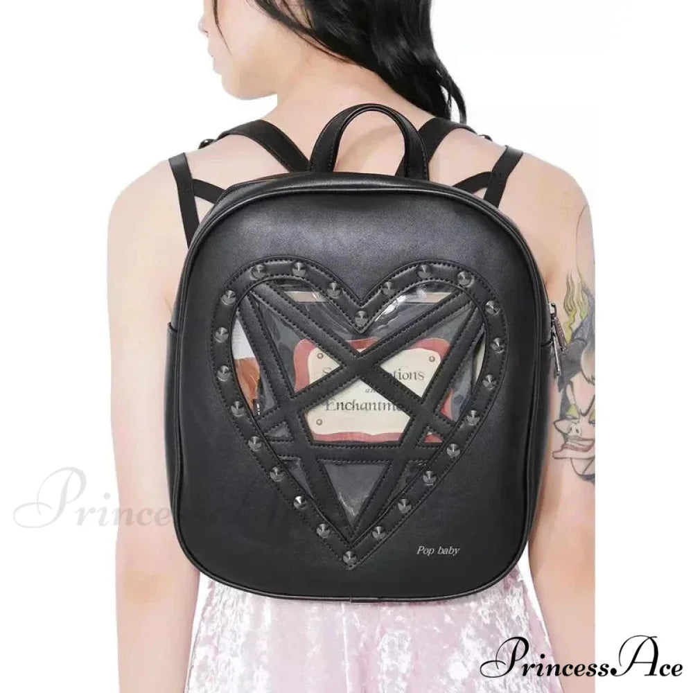 Punk Rock Black PU Leather Hollow Out Pentacle Heart Gothic Cosplay Bag Black / 33cm 28cm 7cm