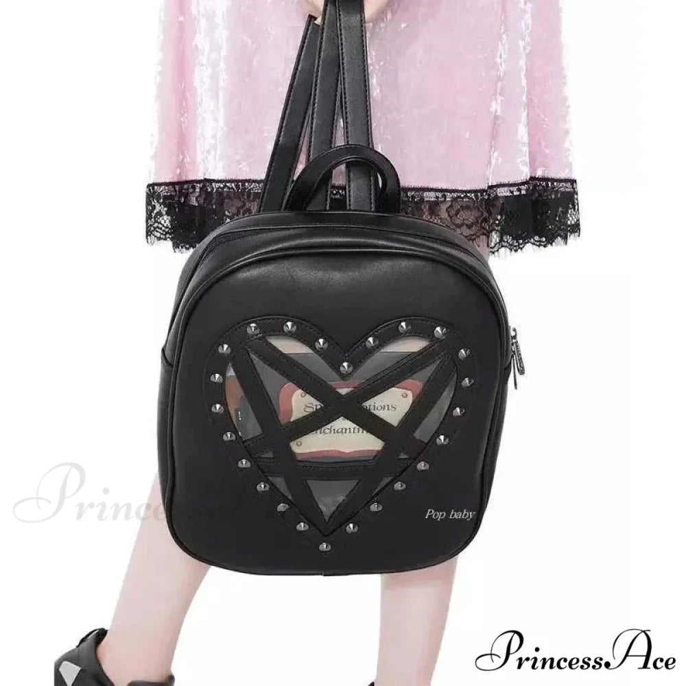 Punk Rock Black PU Leather Hollow Out Pentacle Heart Gothic Cosplay Bag Black / 33cm 28cm 7cm