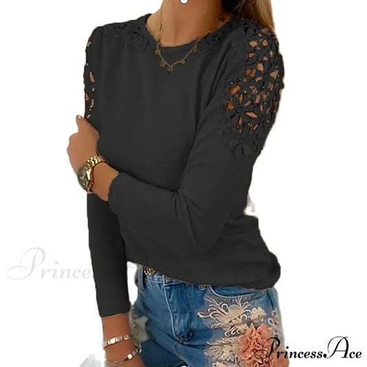 Pure Color Slim Lace Patchwork T-Shirt Black / S