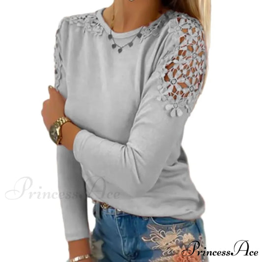 Pure Color Slim Lace Patchwork T-Shirt Gray / S