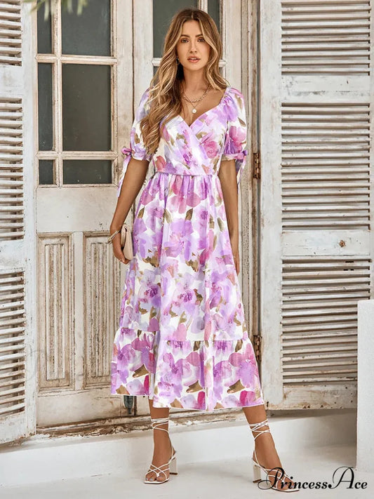 Purple Print Waist Puff Sleeve V-neck Maxi Dress