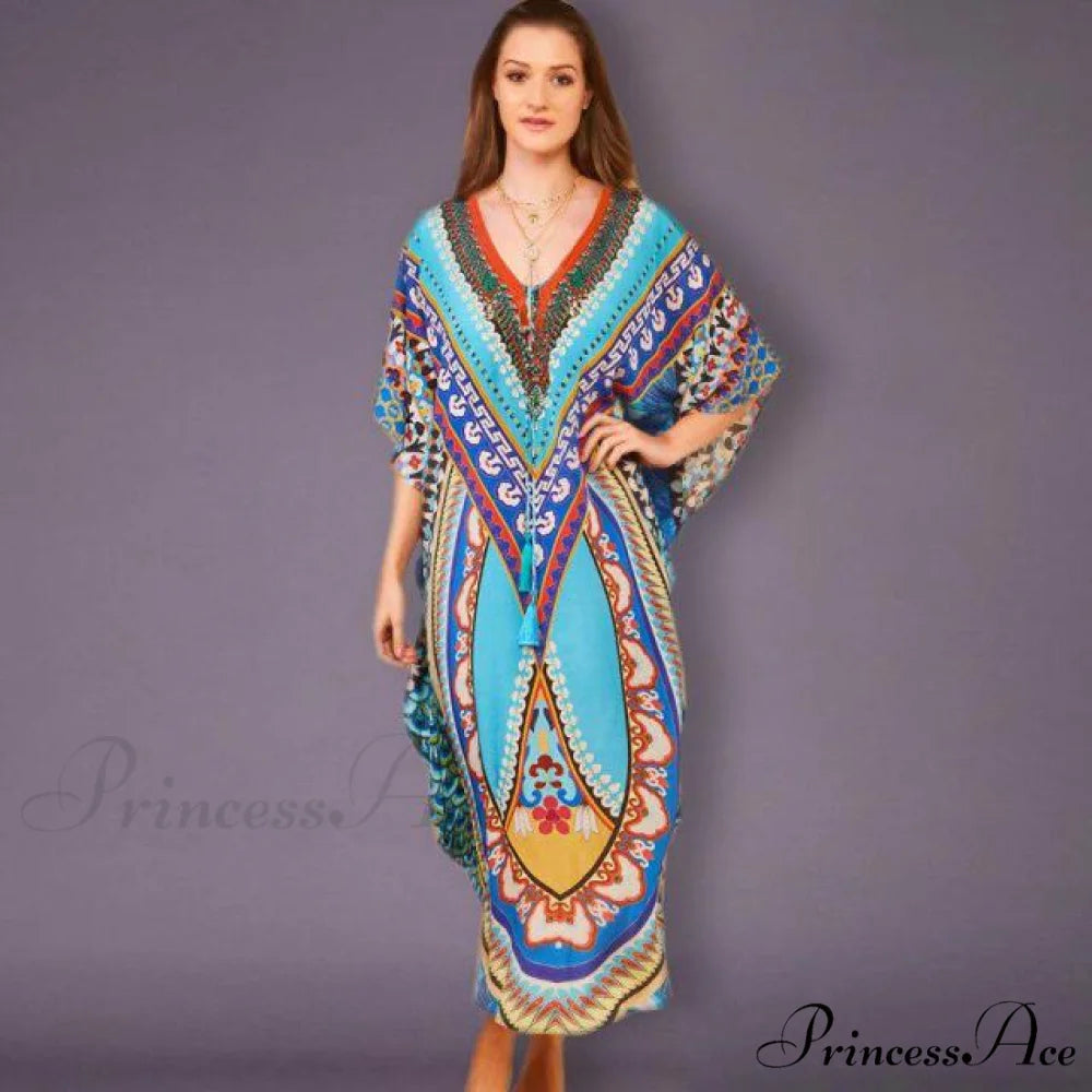 Quick-drying Bohemian Printed Loose Beach Dress blue / One Size