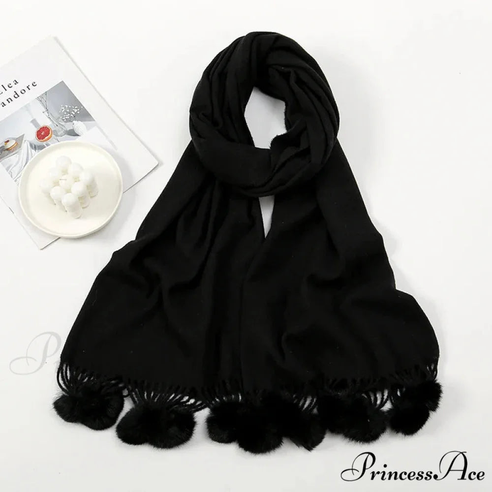 Rabbit Fur Ball Cashmere Pompom Oversize Blanket Scarf for Women BLACK