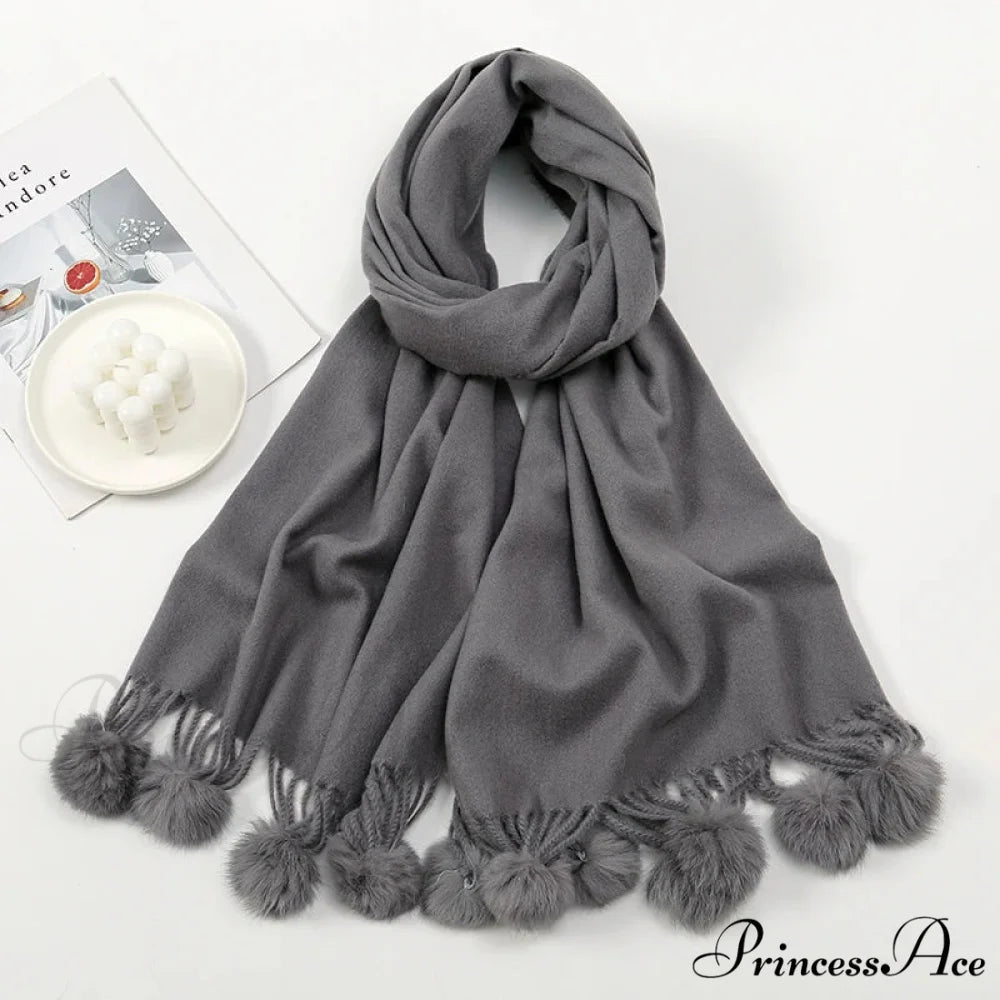 Rabbit Fur Ball Cashmere Pompom Oversize Blanket Scarf for Women DARK GREY