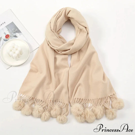 Rabbit Fur Ball Cashmere Pompom Oversize Blanket Scarf for Women LIGHT KHAKI