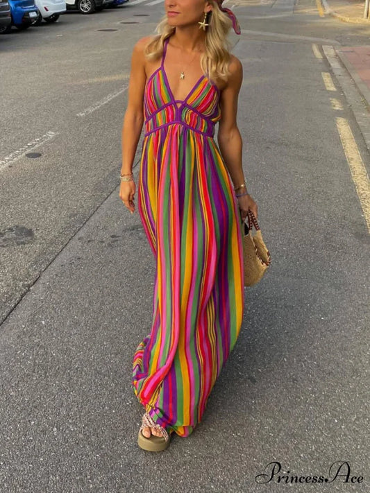 Rainbow Stripe Print Charming V-Neck Maxi Dress Multicolor / S