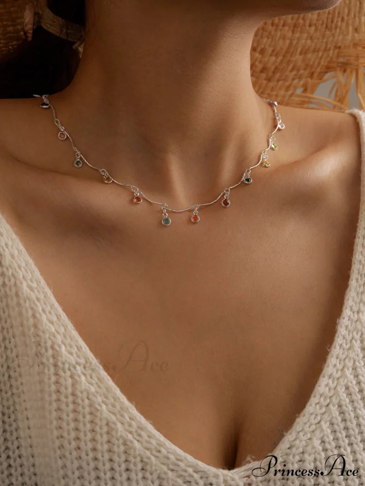 Random Color Rhinestone Charm Necklace Silver / one-size