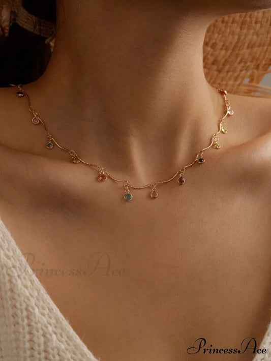 Random Color Rhinestone Charm Necklace Yellow Gold / one-size