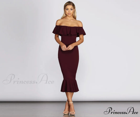 Ready And Stylish Ruffled Midi Dress BURGUNDY / XS