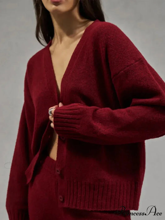 Red Baggy Plunging Neckline Solo Buttoned Cardigan Wine red / S cardigans-241228