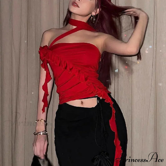 Red Bandage Off Shoulder Halter Backless Bare Midriff Tube Crop Top croptop-250126