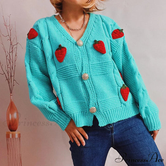 Red Berry Pattern Baggy Knitted Cardigan Light Green / One Size cardiagn-250126