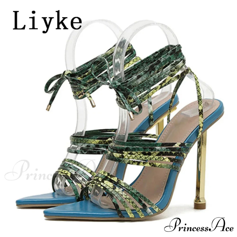 Red Blue Thin High Heels Sandals Size 35-42 Pointed Toe Snake Print Lace Up Shoes Female Pumps Summer Fashion Blue / 35