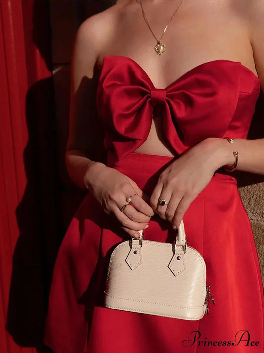 Red Bow Hollow Satin Strapless Party Dress Red / S