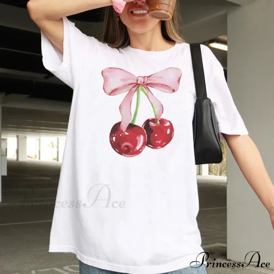 Red Bow Printed Retro T-shirt WHITE / S t-shirt-250223