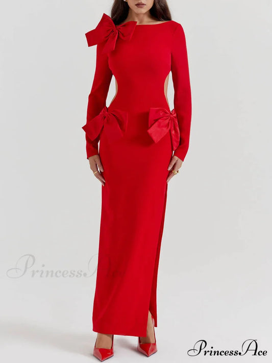Red Bow Stylish Maxi Dress Red / S