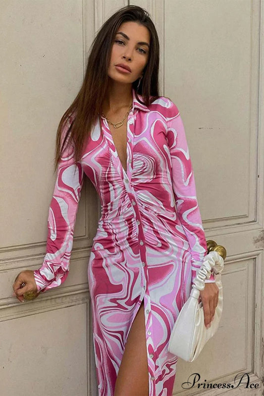 Red Button-Front Printed Shirt Dress Rose Red / S