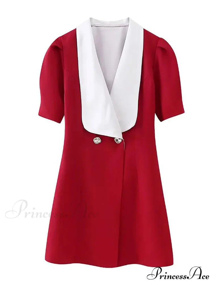 Red Button Mini Dress with V Neck - A-Line Christmas Party Dress rose red / XS