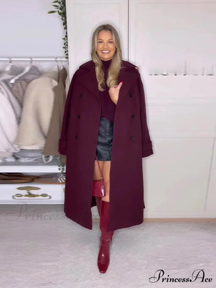 Red Buttons with Belt Wool Coat coats-241228