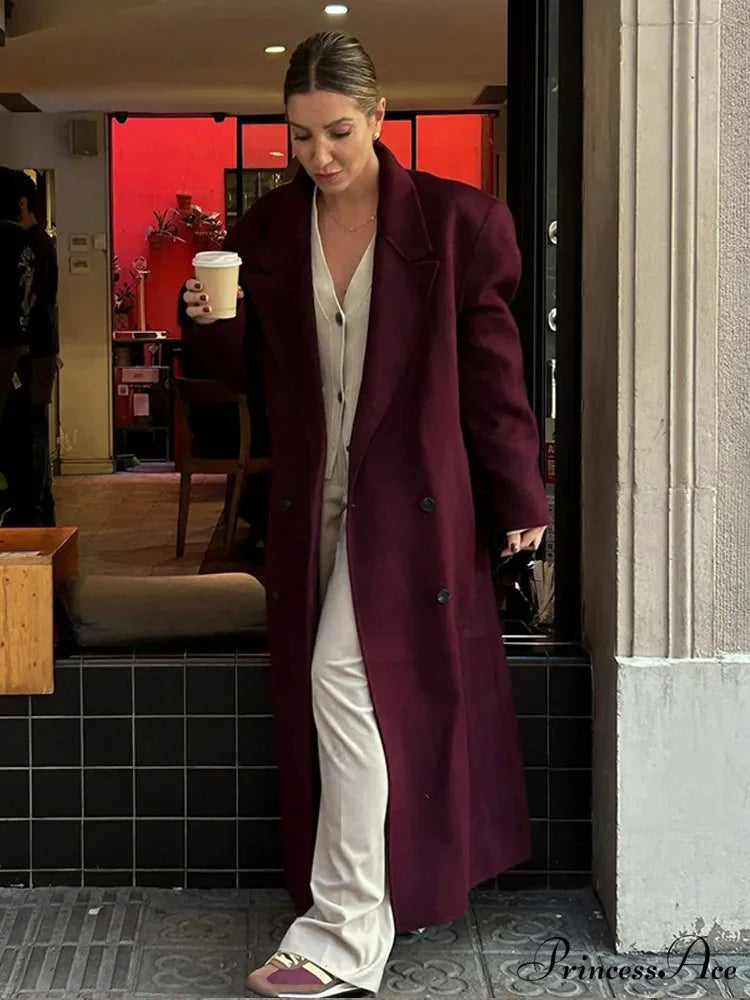 Red Buttons with Belt Wool Coat Dark red / S coats-241228