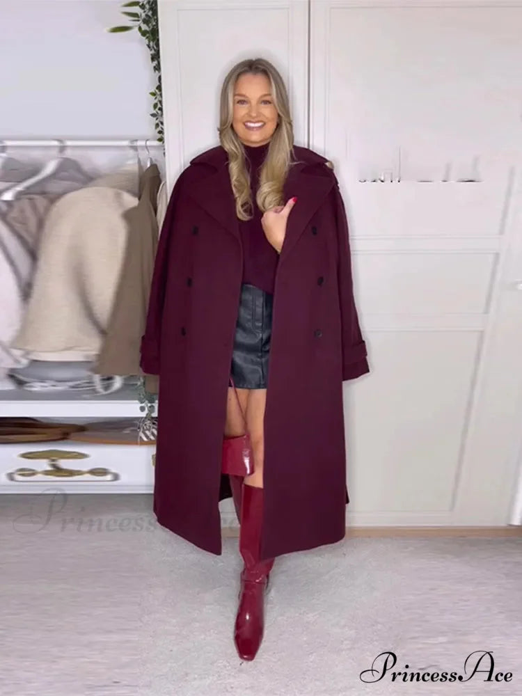 Red Buttons with Belt Wool Coat grape purple / S coats-241228