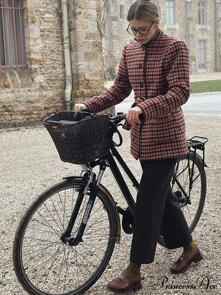 Red Checked Wool Jacket with Belt Coat coats-241228