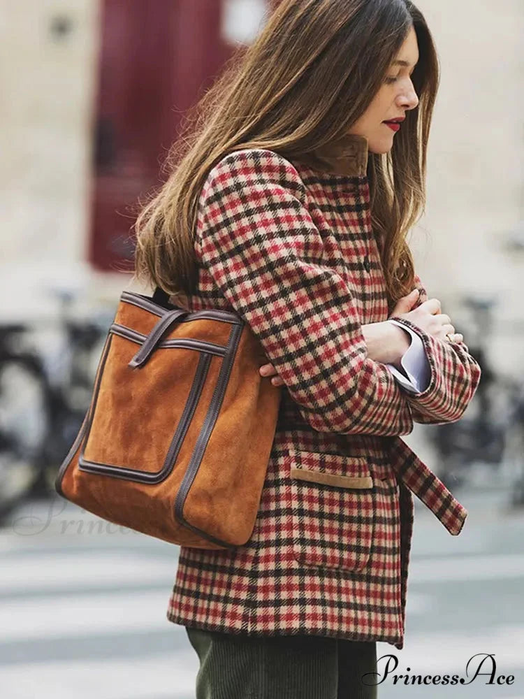 Red Checked Wool Jacket with Belt Coat coats-241228