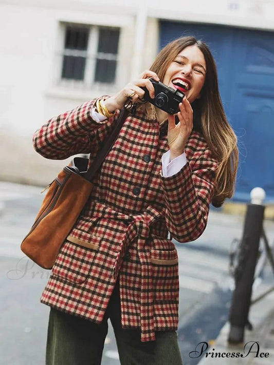 Red Checked Wool Jacket with Belt Coat Figure Color / S coats-241228