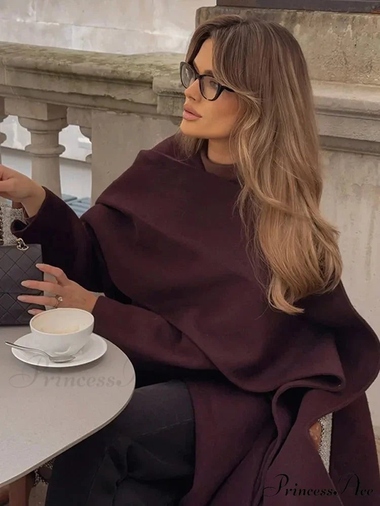 Red Extended Sleeve Wrap Wool Coat short Wine red / S coats-241228
