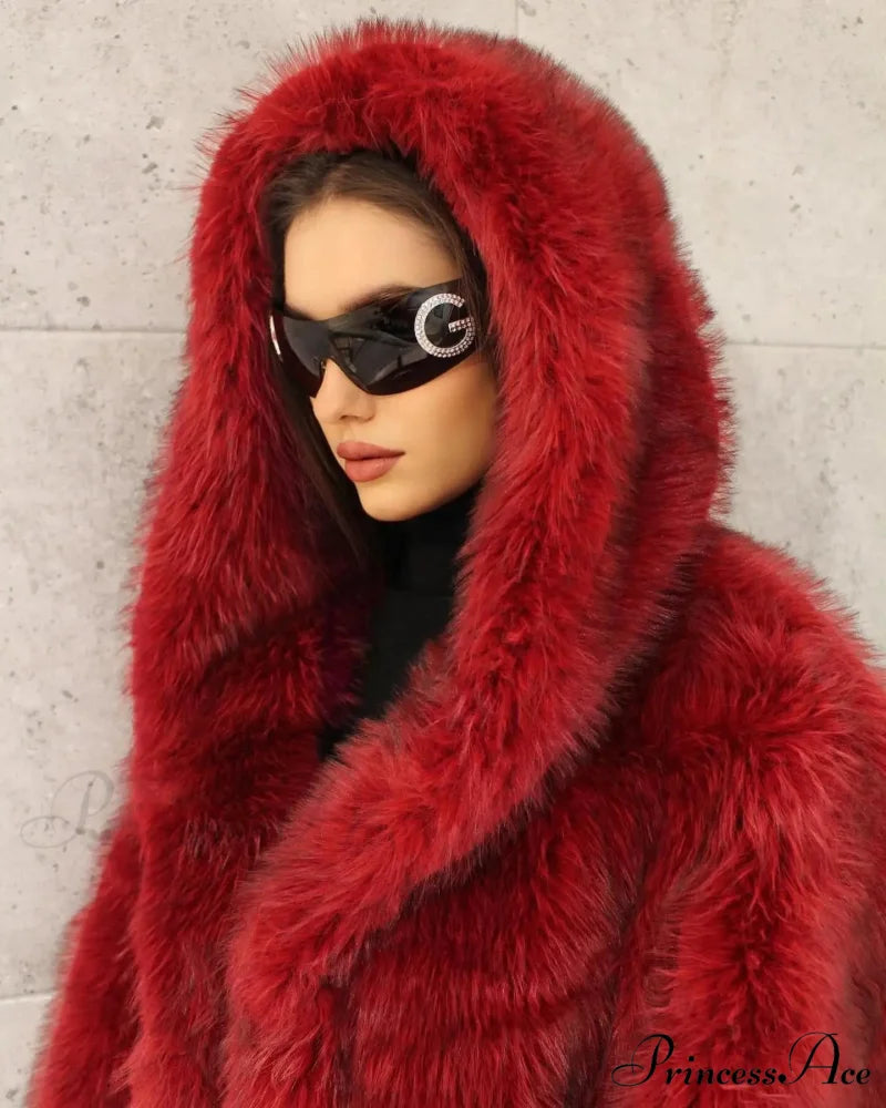 Red Fluffy Faux Fur Turn-Down Coat