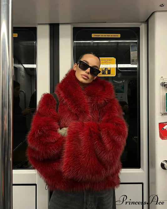 Red Fluffy Faux Fur Turn-Down Coat Red / S