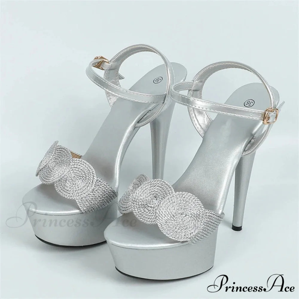 Red High Heels Platform Sandals with Buckle Strap - Women’s Wedding Prom Shoes Silver / 34