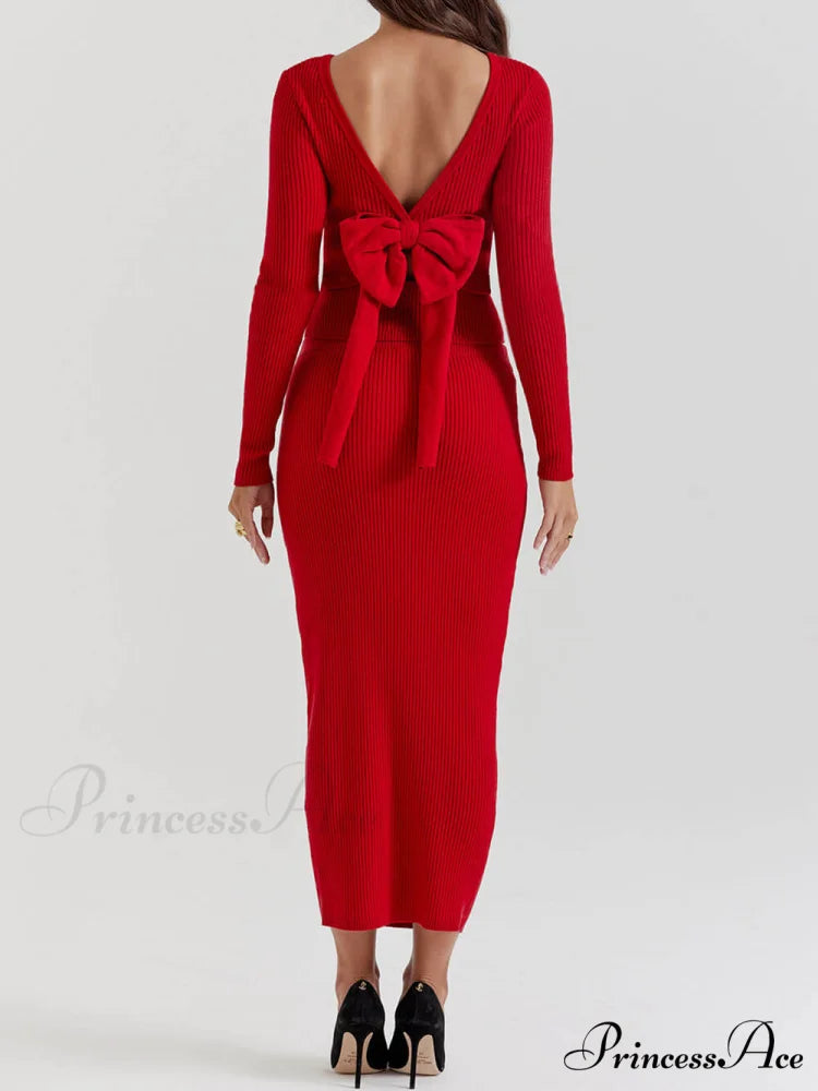 Red Knit-Blend Stylish Maxi Skirt