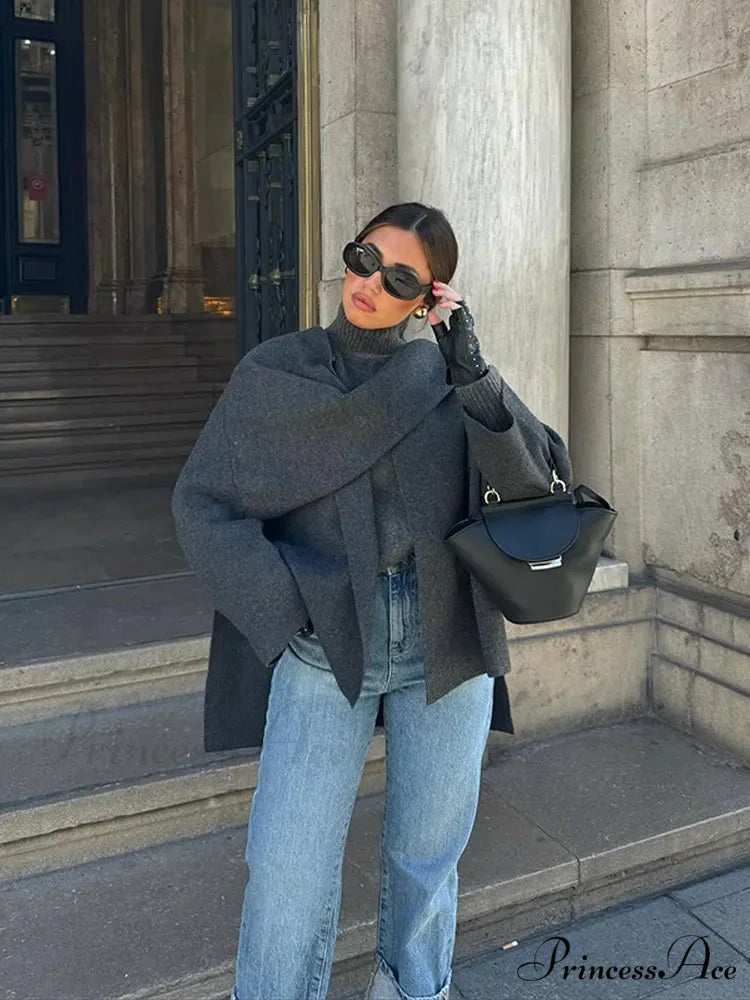 Red Knitted Jacket with Scarf Coat Grey / S coats-241228