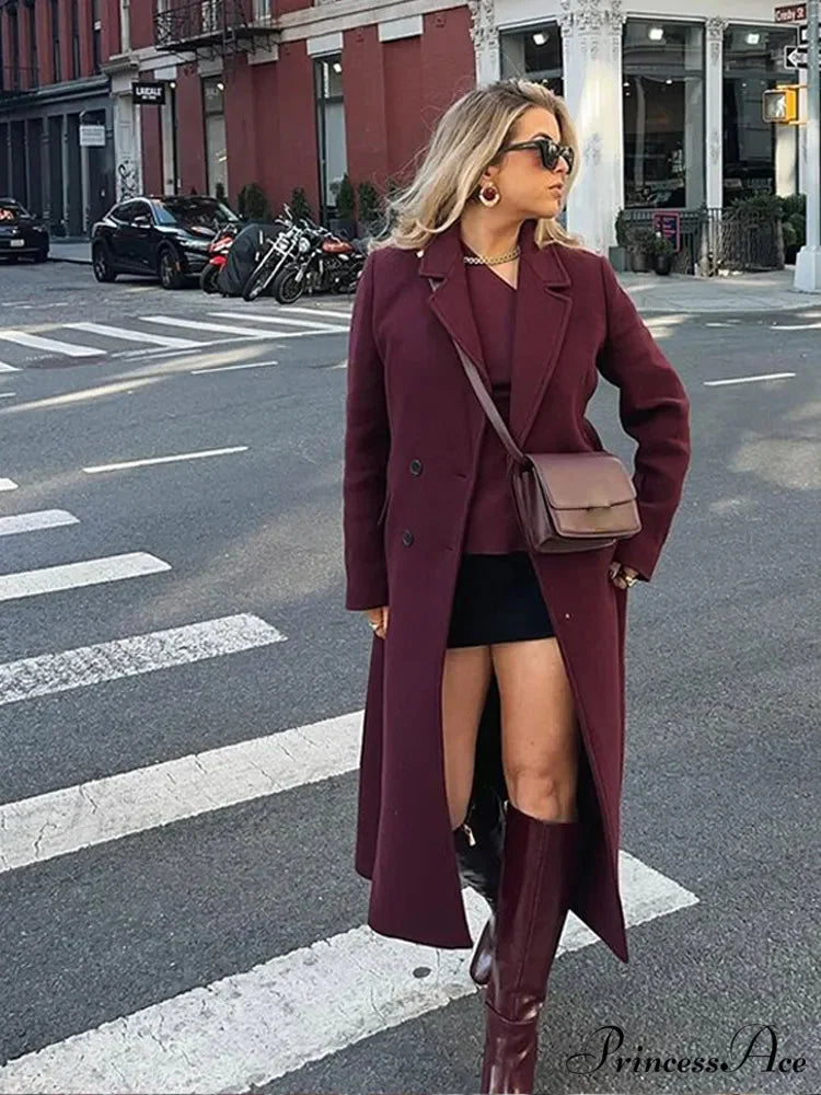 Red Lapel Wool Mix Long Coat coats-241228
