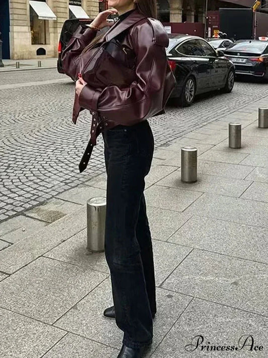 Red Leather Retro Moto Coat Burgundy / S