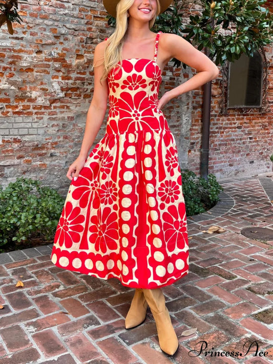 Red Open Back Charming Sleeveless Midi Dress Red / S