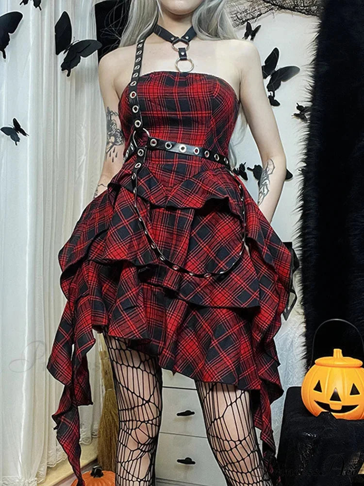Red Plaid One Shoulder Irregular Strapless Backless Sexy Vintage Lolita Academy Dress Red / S