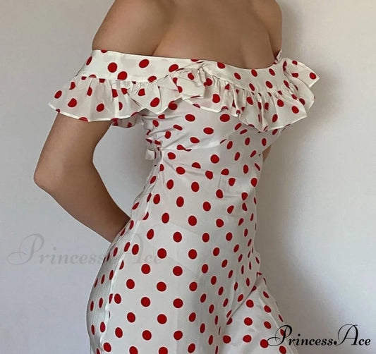 Red Polka Dot Charming Off Shoulder Maxi Dress