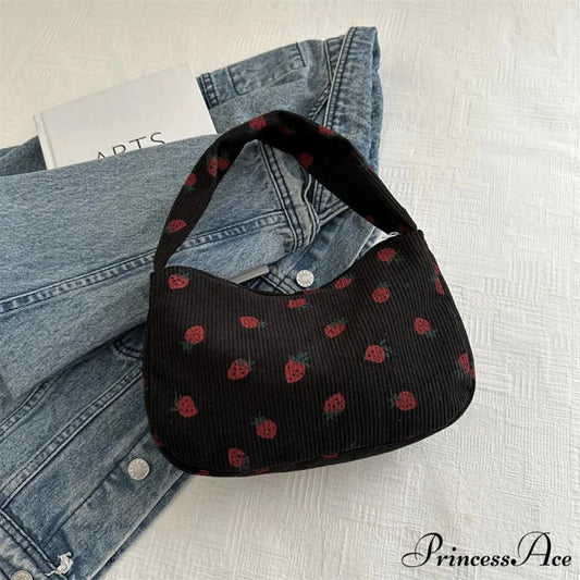 Red Print Corduroy Small Tote Handbag Black handbag-250126