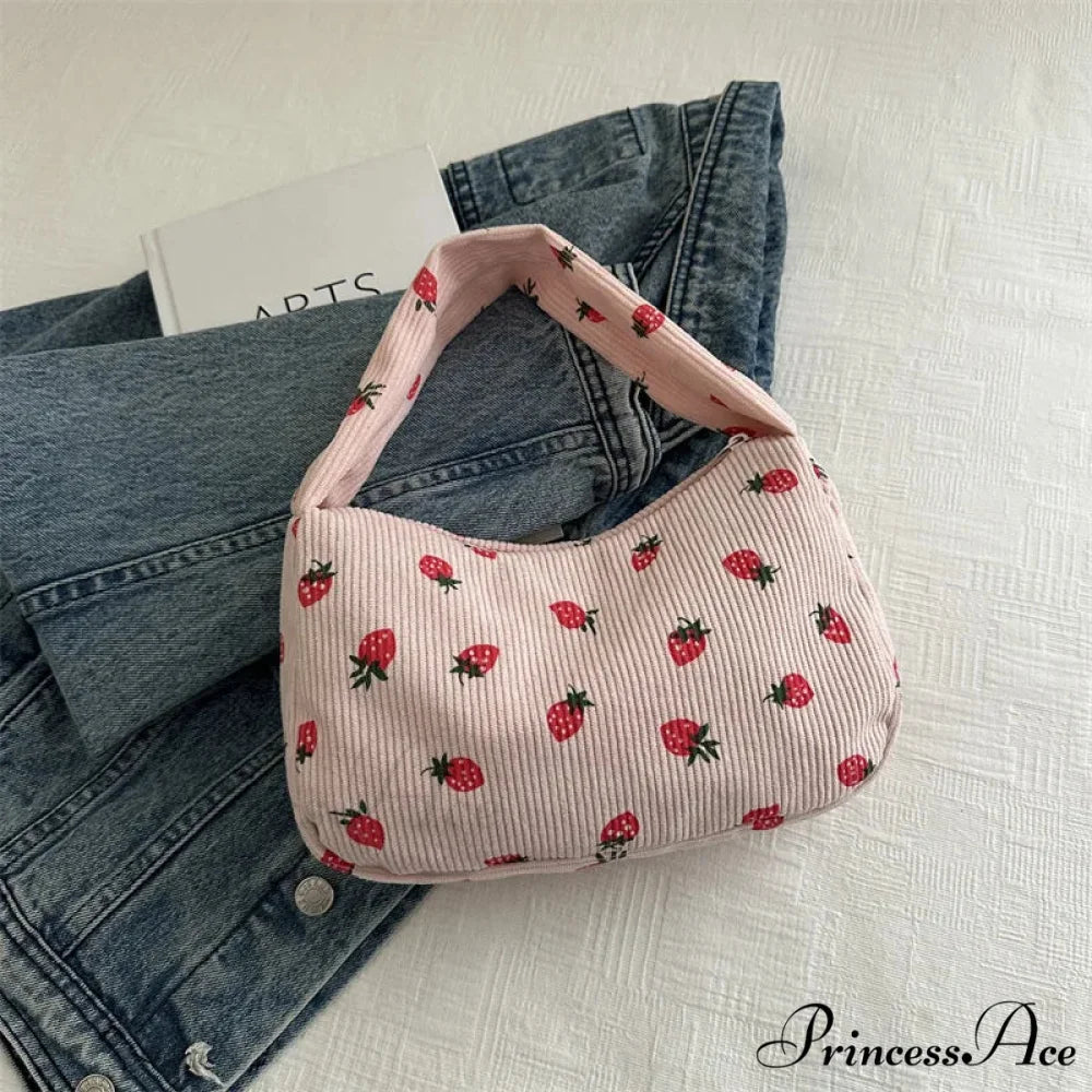 Red Print Corduroy Small Tote Handbag Pink handbag-250126