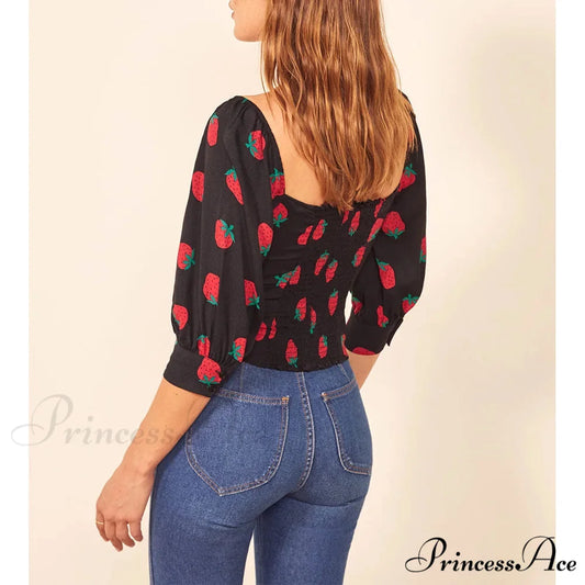 Red Print Sweetheart Neck Slim Gathered Puff Blouse croptop-250126