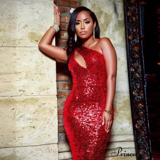 Red Sequins Bodycon Maxi Evening Party Dresses Sexy Hollow One Christmas Party Dress