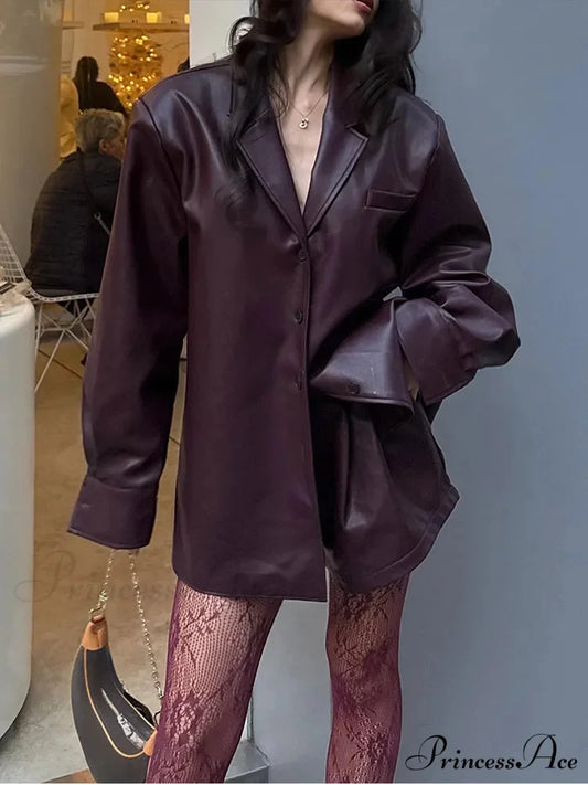 Red Single Buttoned Faux Leather Jacket coats-241228